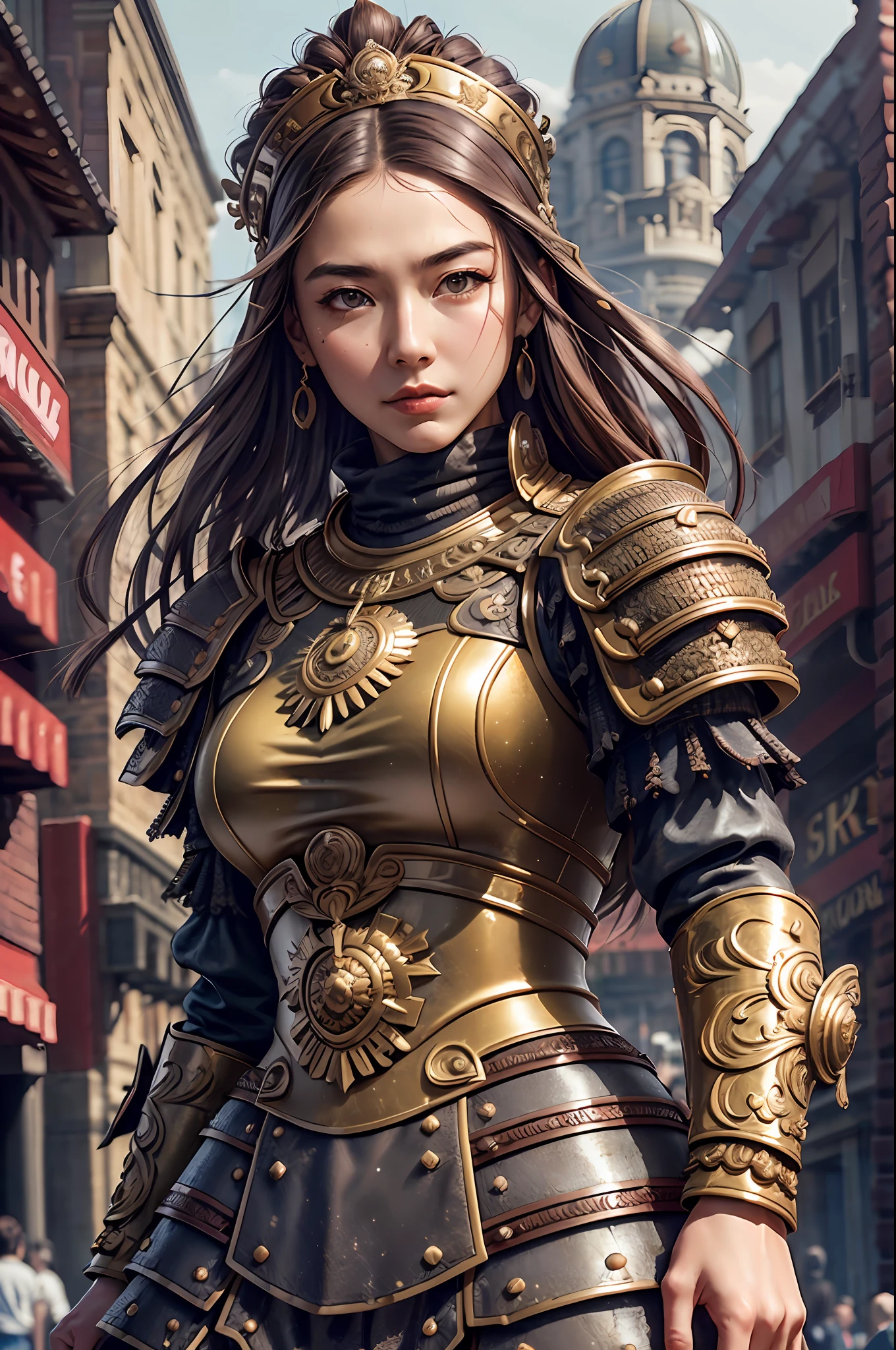((Best quality, 8k, Masterpiece :1.3)), Sharp focus :1.2, A pretty woman with perfect figure :1.4, Slender abs :1.2, ((Dark brown hair, Big breasts :1.2)), (Natural light, City street:1.1), Highly detailed face and skin texture, Detailed eyes, Double eyelid