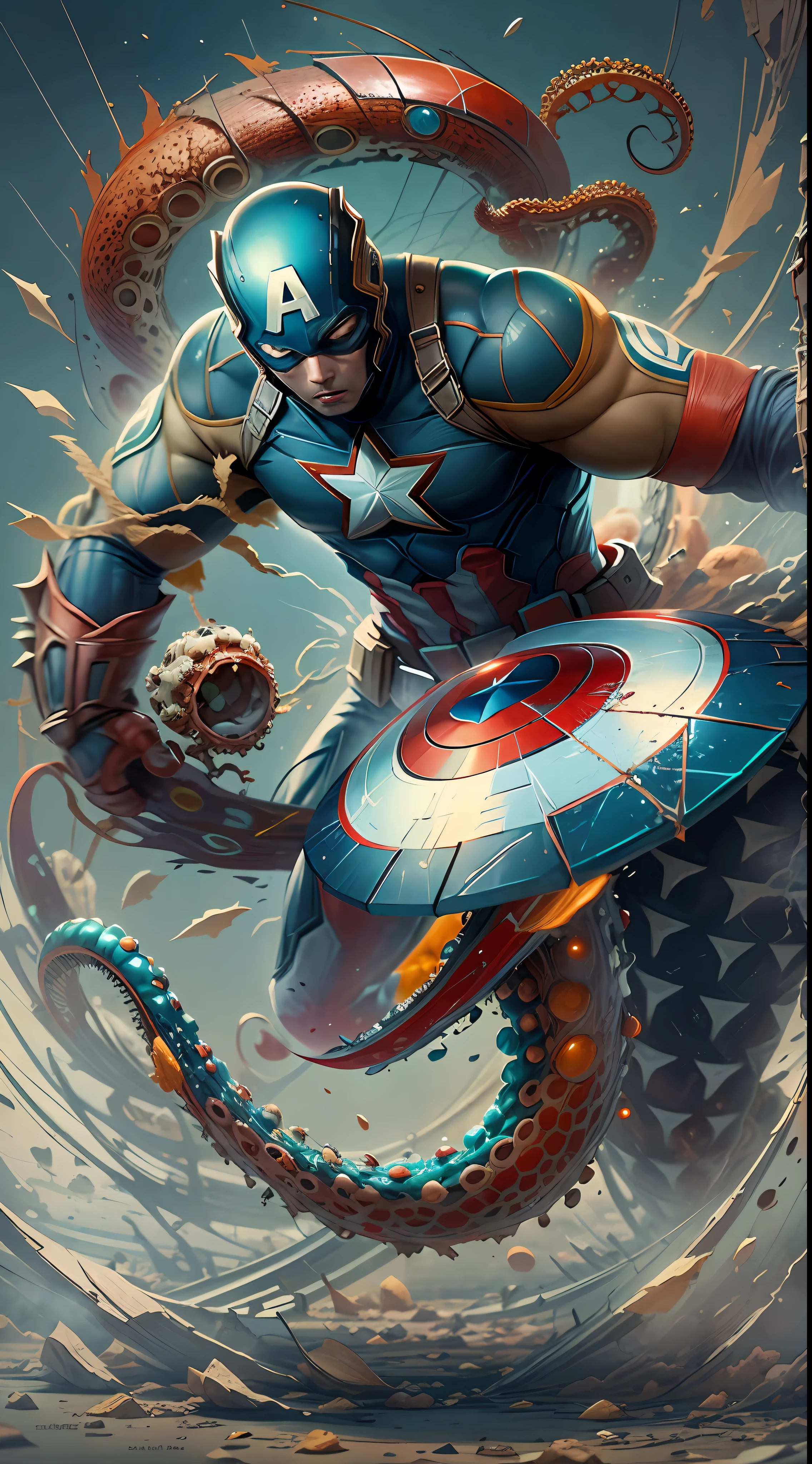 The image presents a creative and unusual representation of the "Captain America" na forma de um polvo. In this unique merger, the distinctive elements of Captain America blend surprisingly with the characteristics of an octopus, resultando em uma figura cativante.
The octopus' body is stylized with Captain America's iconic shield, agora incorporado como parte integrante do corpo do polvo. Its eight tentacles feature the characteristic colors and stars of the hero's uniform, criando um efeito visual impactante.
The octopus' eyes are expressive and reflect Captain America's determination and courage. His expression is confident and vigilant, conveying the feeling of a tireless guardian.
A paleta de cores inclui o vermelho, blue and white characteristic of Captain America's uniform, contrastando com a tonalidade natural do polvo. detalhes sutis, como as estrelas no corpo do polvo, strengthen the fusion between the two elements..
This image provides an intriguing and unique interpretation of Captain America, apresentando-o sob uma nova perspectiva como um polvo heroico. It evokes a sense of surprise and wonder, convidando o espectador a explorar as possibilidades criativas de combinar diferentes elementos de maneira imaginativa.
