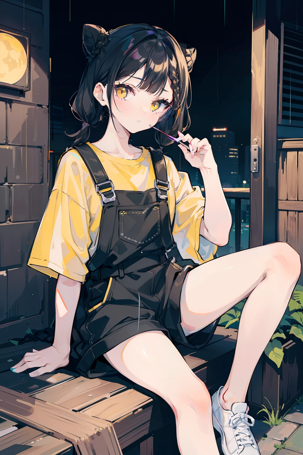 masterpiece, best quality, 1girl, solo, black hair, blunt bangs, (braided buns), ((short twintails)), yellow eyes, black overalls, sneakers, sitting on the wooden box, with one's hand in one's pocket, with lollipop in one's mouth, expressionless, slightly offended, in the alleys, dark, raining, in the night, with the moon, with the black cat which has yellow eyes