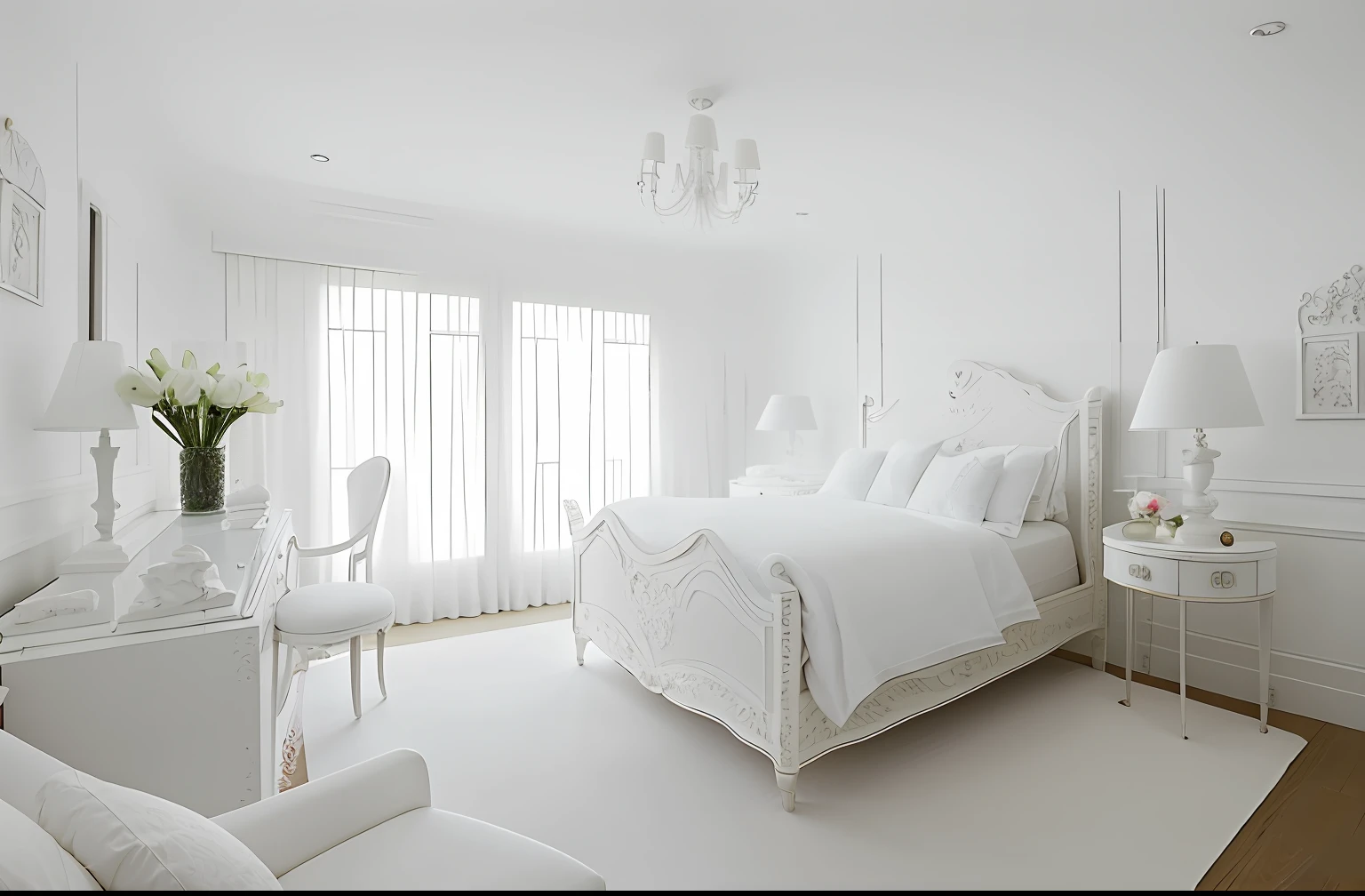 There is a white bedroom with bed and chairs, White bed, White Room, gleaming white, White color scheme, light cream and white colors, cream and white color scheme, White tones, muted palette mostly white, White color, clean and pristine design, all white render, serene and peaceful style, white furniture, beautifully bright white, white colors