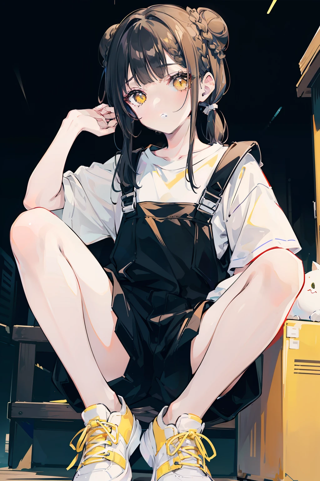 masterpiece, best quality, 1girl, solo, black hair, blunt bangs, (braided buns), ((short twintails)), yellow eyes, black overalls, sneakers, sitting on the wooden box, with one's hand in one's pocket, with lollipop in one's mouth, expressionless, slightly offended, in the alleys, dark, raining, in the night, with the moon, with the black cat which has yellow eyes