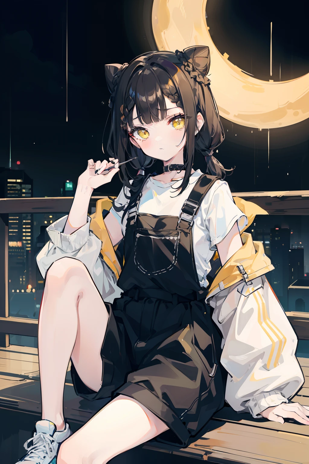 masterpiece, best quality, 1girl, solo, black hair, blunt bangs, (braided buns), ((short twintails)), yellow eyes, black overalls, sneakers, sitting on the wooden box, with one's hand in one's pocket, with lollipop in one's mouth, expressionless, slightly offended, in the alleys, dark, raining, in the night, with the moon, with the black cat which has yellow eyes