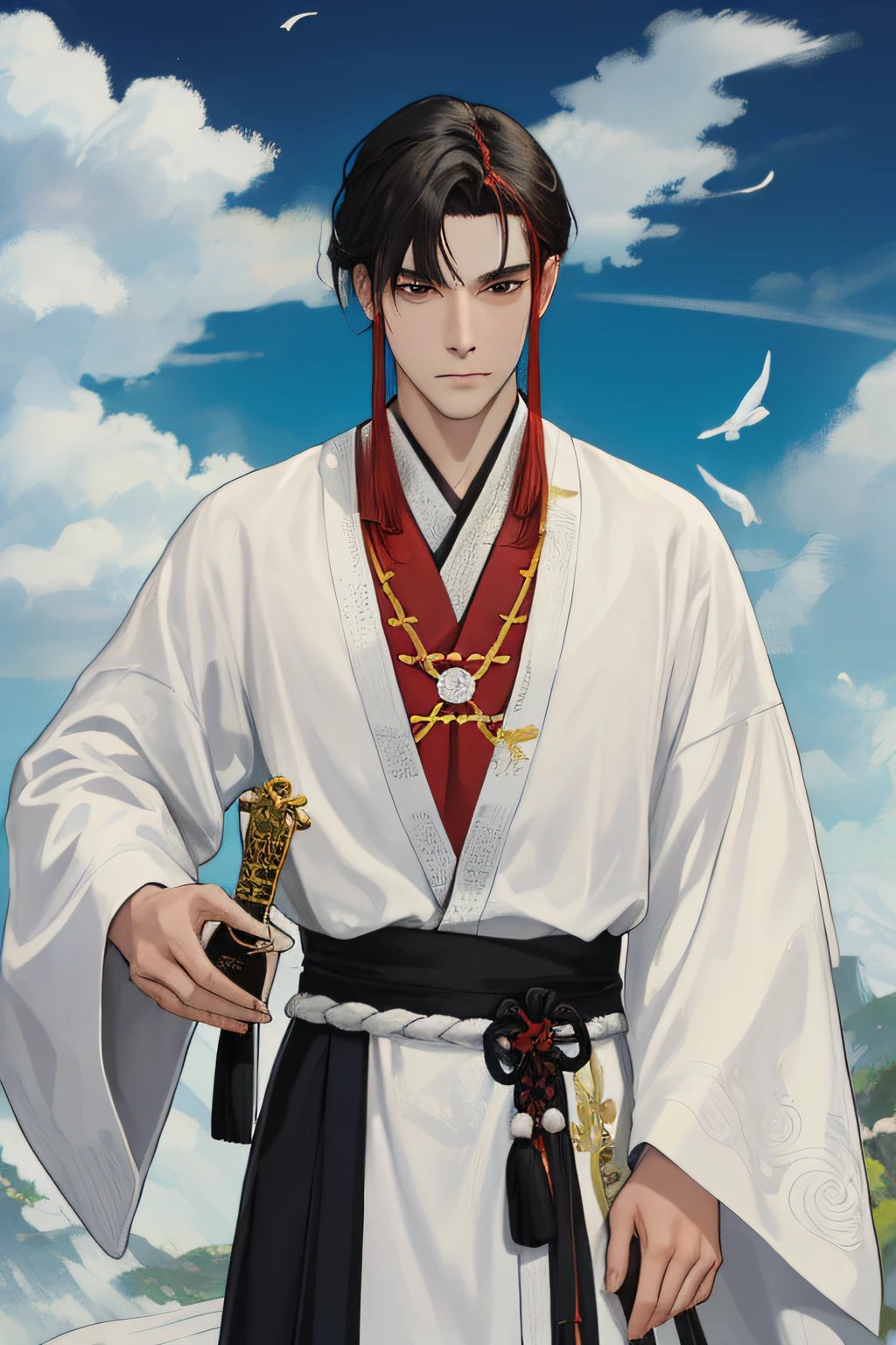 NSFW, obra-prima, melhor qualidade, ultra-detalhado, semi-realista, detailedfacialfeatures, 1Man,usando roupas velha wuxia chinesa,ardiloso,cabelos negros longos e olhos negros,roupa vermelha e negra,holding a long sword in his left hand,olhar arrogante,insensivel