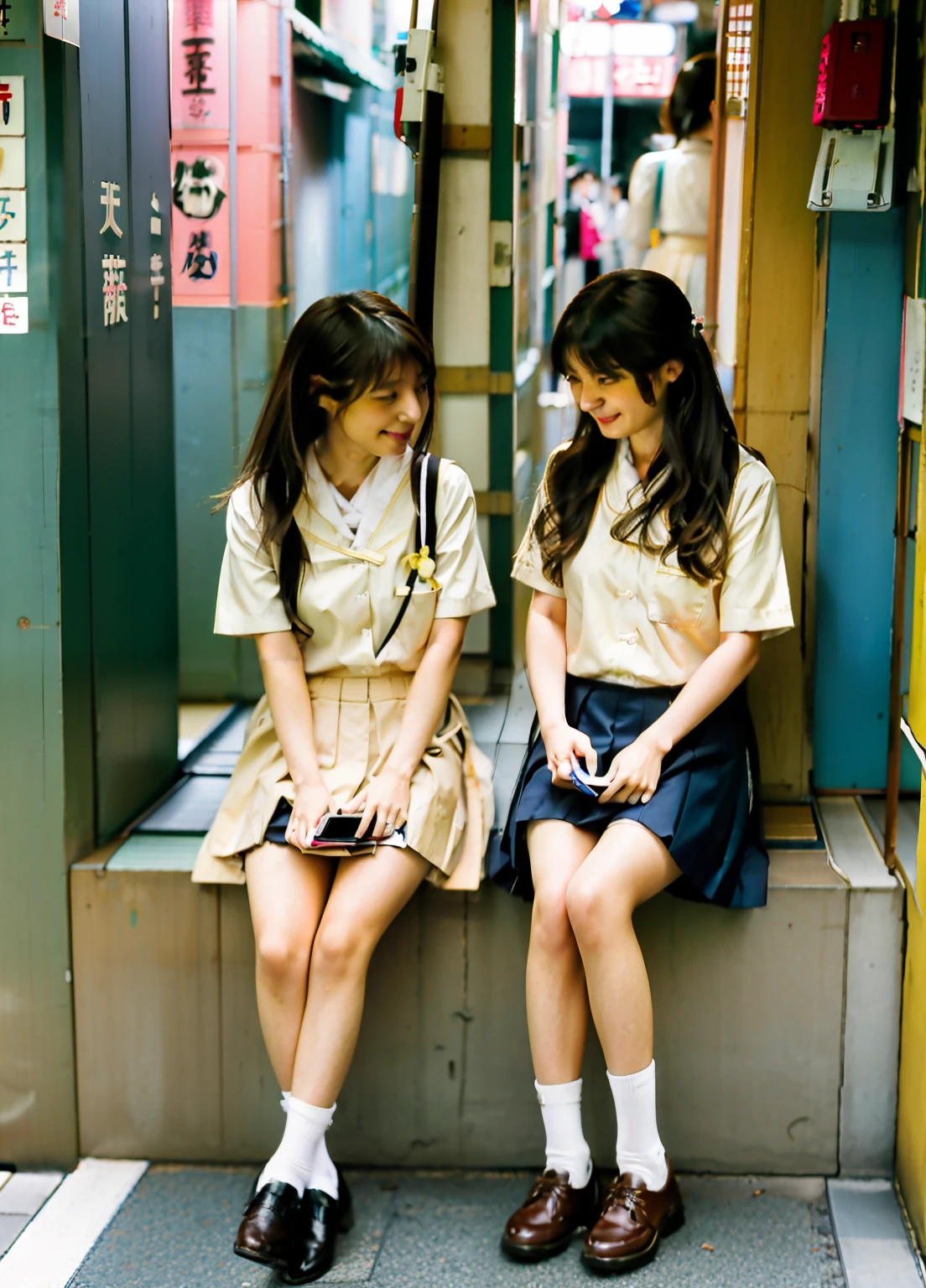 Two women sitting on a shelf looking at their mobile phones, two japanese schoolgirls posing, girls resting, wearing japanese school uniform, Japan school uniform, in a tokyo street, checking her cell phone, checking her phone, uhd candid photo of dirty, ayami kojima and lyde caldwell, Two girls, sitting in tokyo, Cute Girls, japanese city street fashion