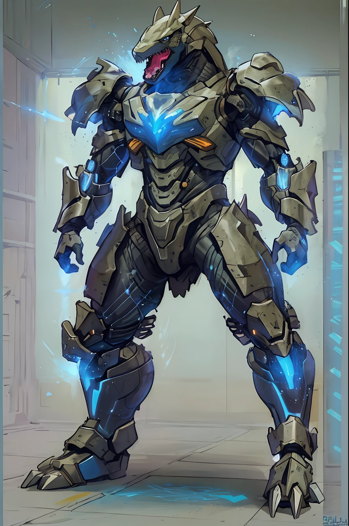 A high-tech combat armor suit inspired by Godzilla concept, Godzilla concept biotech battle armor, (Natural light, professional lighting:1.2, cinematic lighting:1.5, best shadow), (masterpiece:1.5), high definition, best quality, ultra-detailed, extremely delicate, anatomically correct, creativity, RAW photo, unreal engine 5, High-tech armored suits, psychedelic details, BiophyllTech, (add electric power around), fantasy, ultra intricately detailed, Ultra-complex design, A bio-sensitive high-tech battle armor suit infused with Godzilla characteristics, The angular design on the body is illuminated and the display is charging, (energy waves, Energy particles), octane render, perfect images quality, realistic, sure real, full hd, 32k, ((character concept art)), full body character drawing