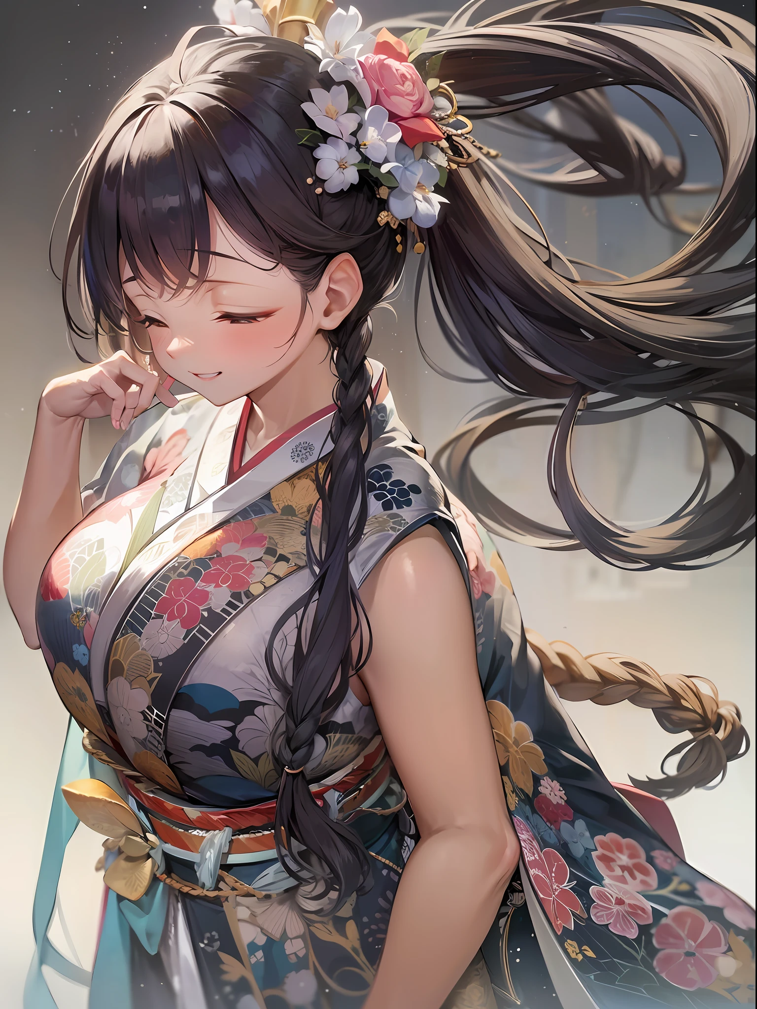 (8K、top-quality、masterpiece)、Taisho Era、japanese kimono、Beautiful adult woman、Graceful,((Super huge Colossal Colossal massive chest)),Pensive、boredom、Sentimental、suffocating、Enlightened smile、long-haired with black hair、Ahoge、braid ponytail、