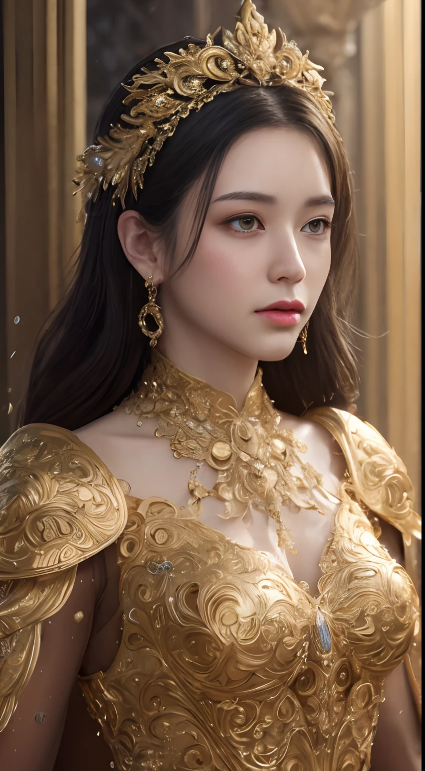 Woman in gold dress, Real Art Station, Heavy rain scene, detailed fantasy art, Stunning character art, Beautiful exquisite character art, Beautiful gold armor, Extremely detailed, Girl in Shining Armor, Exquisite Intricate Headdress and Jewelry, Full body capture,