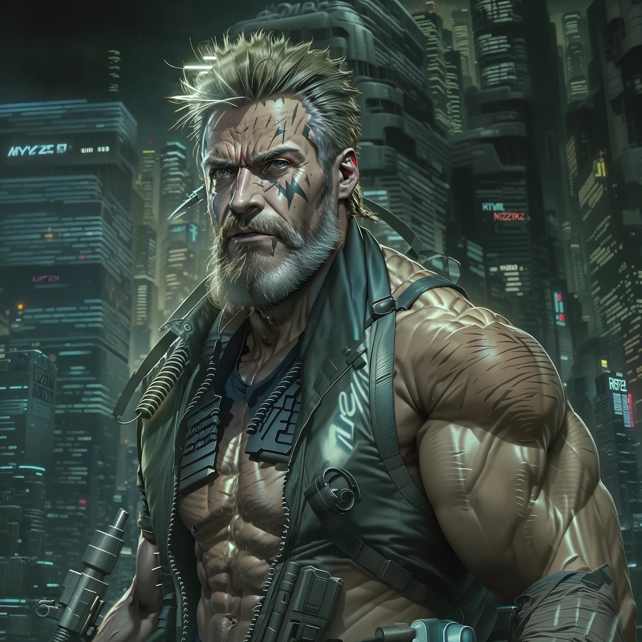 masterpiece, best quality, logan , wearing cyberpunk attire, heavily muscled, athletic, huge, greying hair, grizzled, scars, warlike, barbaric, sfw, 55 years old, futuristic dystopia