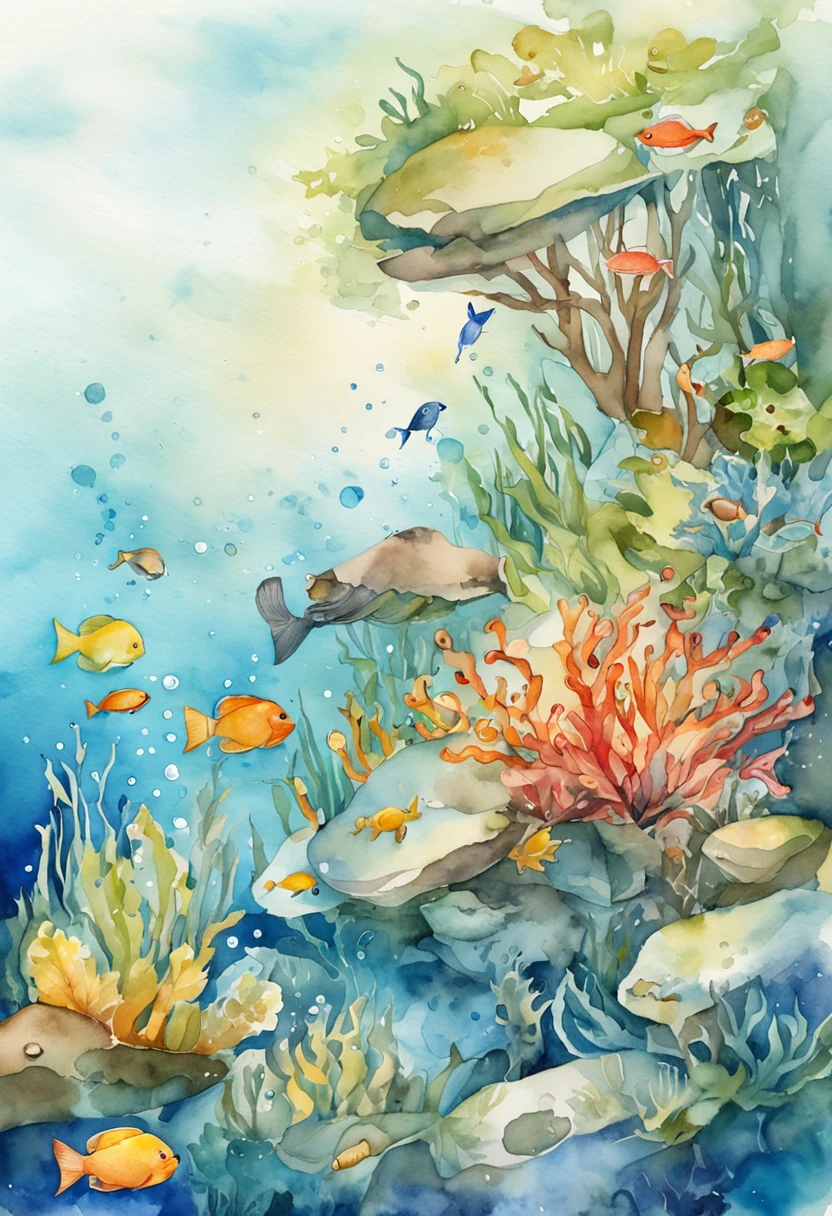 an ocean with sunlight shining from above to the bottom of the sea and cute sea creatures swimming around and not swimming in the center of the picture. Blue gamut. illustration