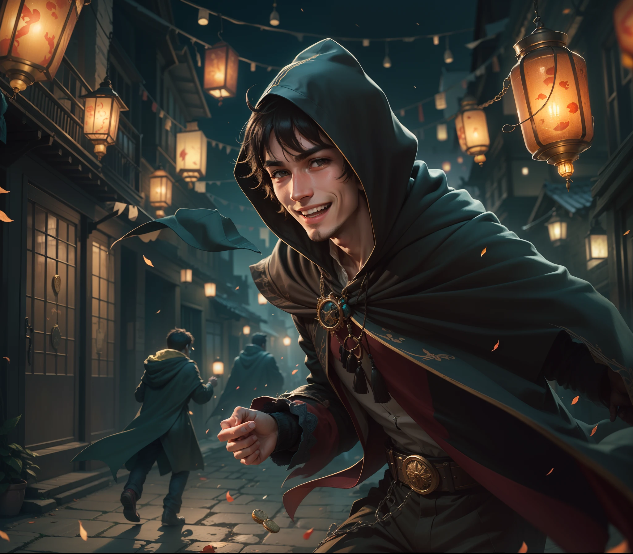 A young handsome thief in a cloak with a hood runs away from the guards at night in the light of lanterns, scatters jewelry and coins, smiles at him cheerfully;