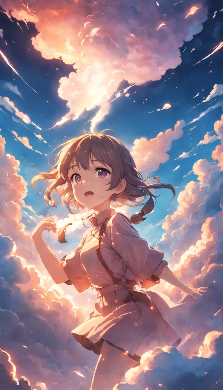 masterpiece, best quality, movie still, 1girl, cloud girl, floating in the sky, close-up, bright, happy, warm soft lighting, sunset, (sparks:0.7)