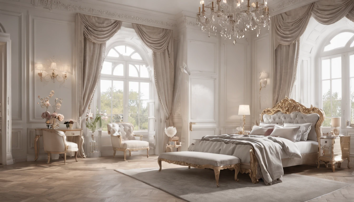 (professional 3d rendering:1.3) af (Actual:1.3) world's best artwork, (((full interior for the most luxurious royal style bedroom)), 8k unified rendering, lighting very good light, bold shading, Detail, extremely detailed, (vibrant, photo-realistic, Realistic, Sharp focus, 8K) , (Very detailed:1.4), Digital painting, rendering by octane, art station, concept-art, smooth, Sharp focus, illustration, (Global lighting, Studio light, volumetric lighting), art station