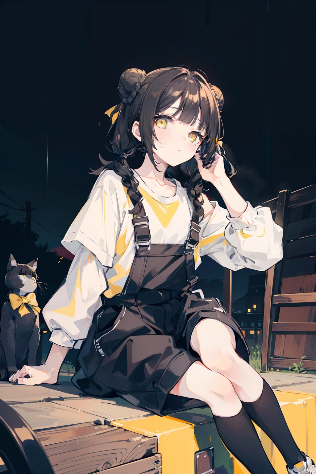 masterpiece, best quality, 1girl, solo, black hair, blunt bangs, (braided buns), ((short twintails)), yellow eyes, black overalls, sneakers, sitting on the wooden box, with one's hand in one's pocket, with lollipop in one's mouth, expressionless, slightly offended, in the alleys, dark, raining, in the night, with the moon, ((with the black cat which has yellow eyes))