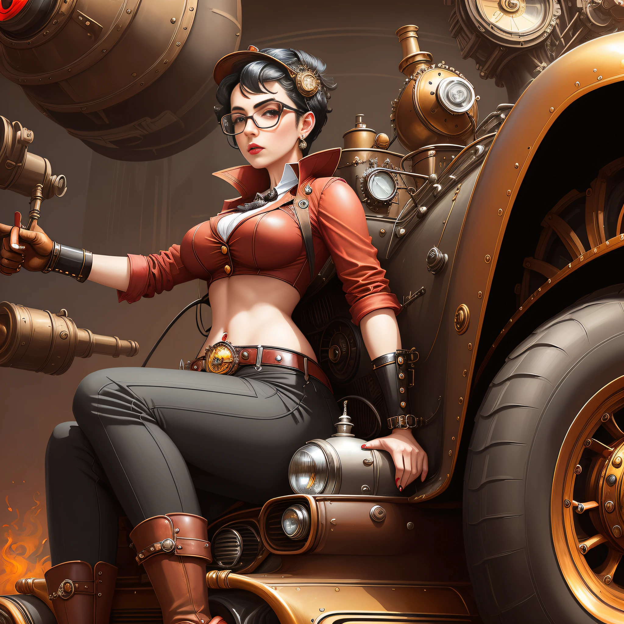 a woman sits in the steampunkai seat, helmet, black hair, red glasses, red open short pants, pin-up pose, sexy, dominant, erotic,
