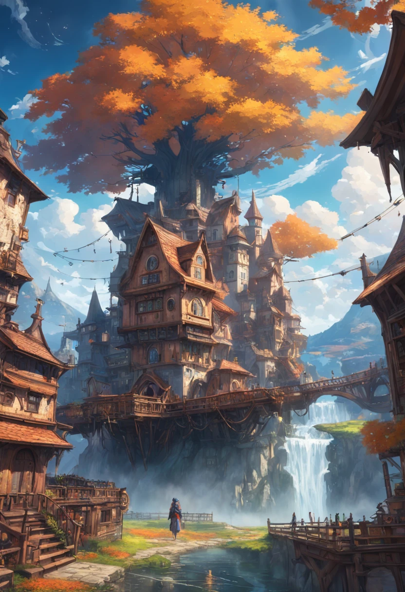steampunk city, masterpiece, best quality, high quality, extremely detailed CG unity 8k wallpaper, medieval castles kingdom. scenery, autumn, outdoors, rainbow, sky, cloud, day, landscape, Meadow, tree, blue sky, waterfall, nature, lake, one river, cloudy sky,award winning photography, Bokeh, Depth of Field, HDR, bloom, Chromatic Aberration ,Photorealistic,extremely detailed, trending on artstation, trending on CGsociety, Intricate, High Detail, dramatic.