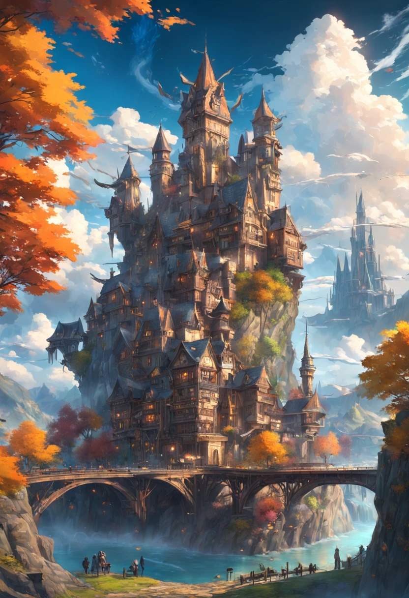 steampunk city, masterpiece, best quality, high quality, extremely detailed CG unity 8k wallpaper, medieval castles kingdom. scenery, autumn, outdoors, rainbow, sky, cloud, day, landscape, Meadow, tree, blue sky, waterfall, nature, lake, one river, cloudy sky,award winning photography, Bokeh, Depth of Field, HDR, bloom, Chromatic Aberration ,Photorealistic,extremely detailed, trending on artstation, trending on CGsociety, Intricate, High Detail, dramatic.