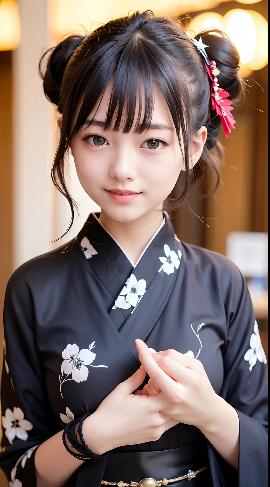 (realisitic、Photorealsitic:1.37)、unbelievable Ridiculous、(insanely detaileda:1.3)、8K、(masterpiece)、(top-quality:1.4)、(超A high resolution:1.2)、(RAW Photography:1.2)、Ultra detailed backgrounds、(Unity 8k壁纸)、1 girl from Nogizaka、utterly cute、a beauty girl、20yr old、(gothic ta yukata-kimono)、an exquisitely detailed and beautiful face and eyes and skin、Detailed dark hair、medium chest、Delicate yukata kimono、 soft fabric、Smile at the camera、cowboy shot、Star Festival on July 7、Tanabata、natta、profetional lighting