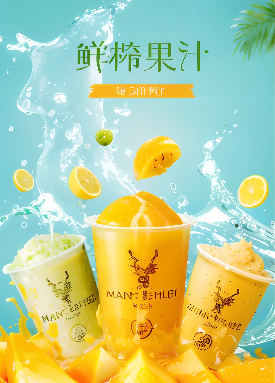 milk tea,poster for,Second cup of half-price text,The Chinese characters,Freshly squeezed juice,mangoes,Fast flesh