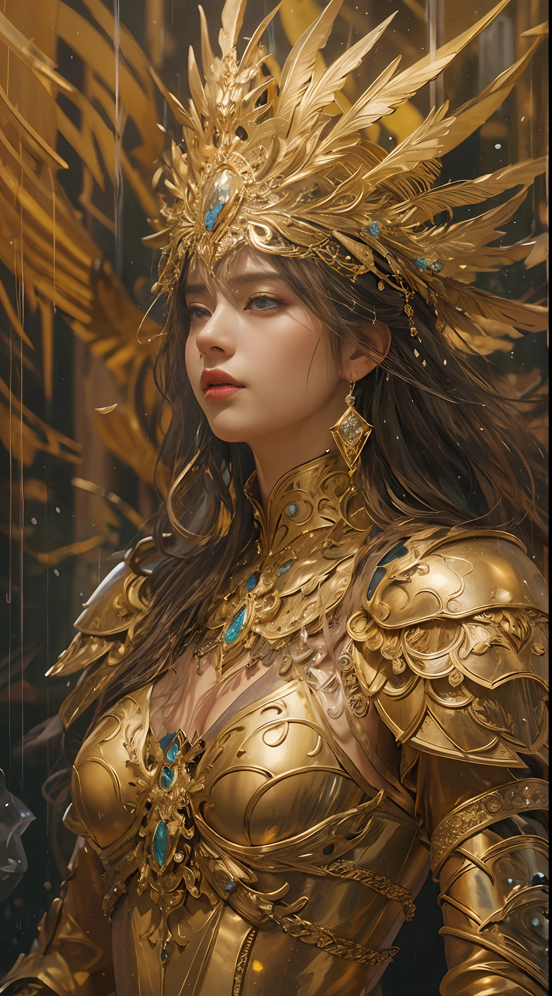 Woman in gold dress, Real Art Station, Heavy rain scene, detailed fantasy art, Stunning character art, Beautiful exquisite character art, Beautiful gold armor, Extremely detailed, Girl in Shining Armor, Exquisite Intricate Headdress and Jewelry, Full body capture,