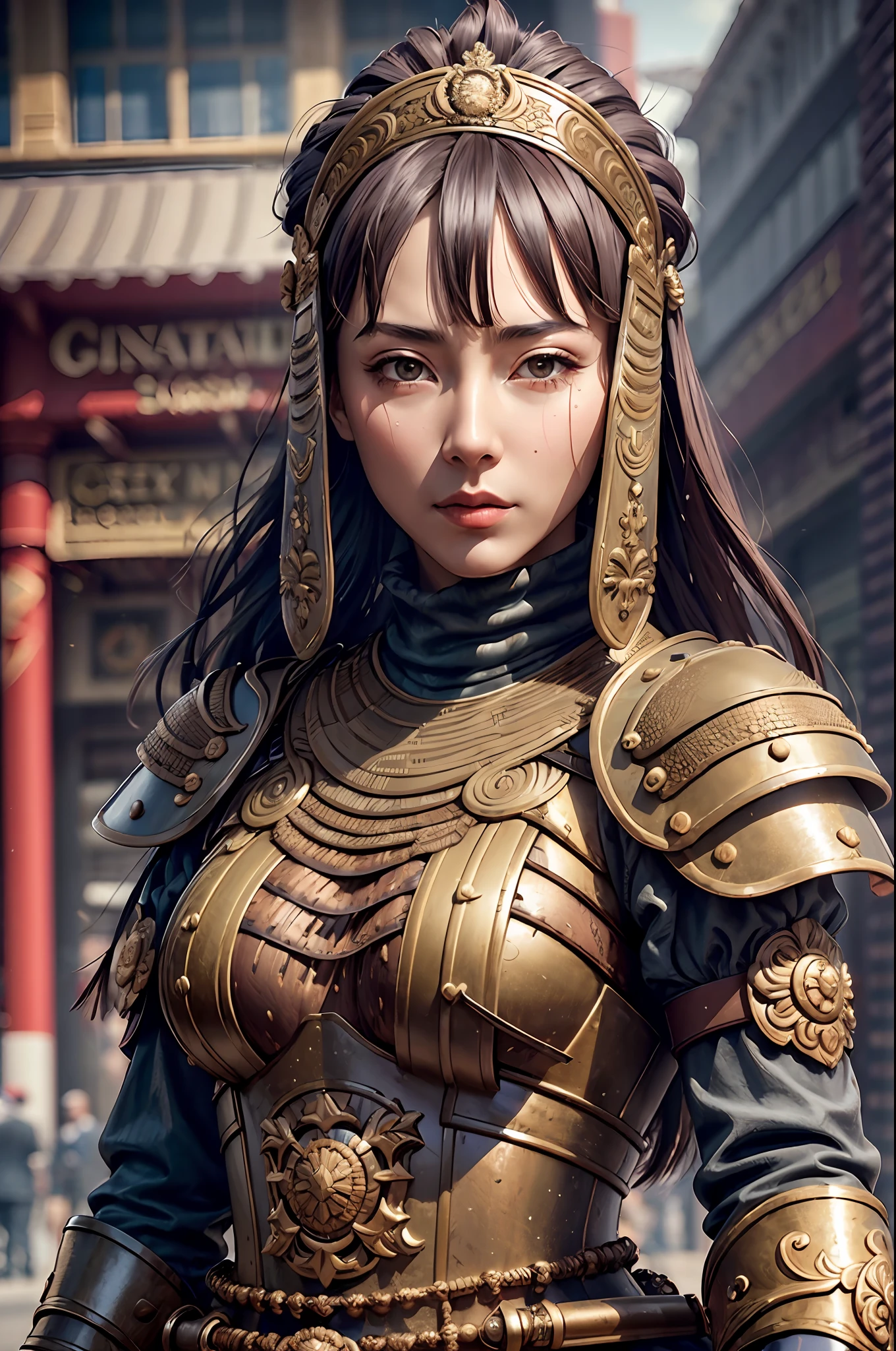 ((Best quality, 8k, Masterpiece :1.3)), Sharp focus :1.2, A pretty woman with perfect figure :1.4, Slender abs :1.2, ((Dark brown hair, Big breasts :1.2)), (Natural light, City street:1.1), Highly detailed face and skin texture, Detailed eyes, Double eyelid