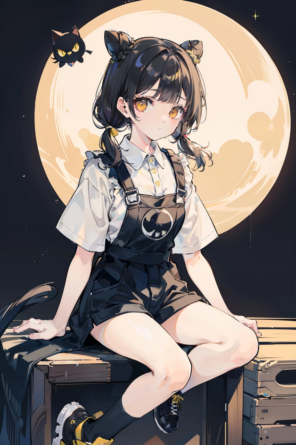 masterpiece, best quality, 1girl, solo, black hair, blunt bangs, (braided buns), ((short twintails)), yellow eyes, black overalls, sneakers, sitting on the wooden box, with one's hand in one's pocket, with lollipop in one's mouth, expressionless, slightly offended, in the alleys, dark, raining, in the night, with the moon, raining, ((with the black cat which has yellow eyes))