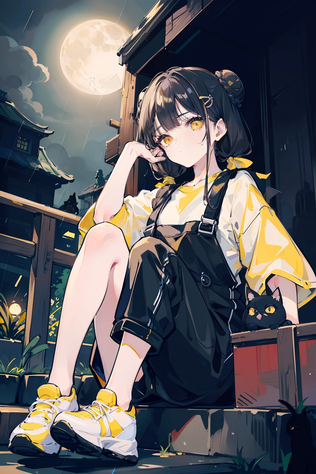 masterpiece, best quality, 1girl, solo, black hair, blunt bangs, (braided buns), ((short twintails)), yellow eyes, black overalls, sneakers, sitting on the wooden box, with one's hand in one's pocket, with lollipop in one's mouth, expressionless, slightly offended, in the alleys, dark, raining, in the night, with the moon, raining, ((with the black cat which has yellow eyes))