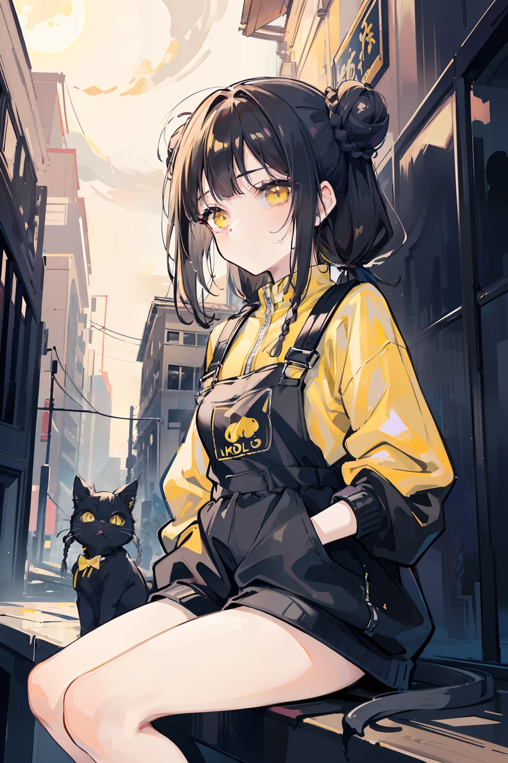 masterpiece, best quality, 1girl, solo, black hair, blunt bangs, (braided buns), ((short twintails)), yellow eyes, black overalls, sneakers, sitting on the wooden box, with one's hand in one's pocket, with lollipop in one's mouth, expressionless, slightly offended, in the alleys, dark, raining, in the night, with the moon, raining, ((with the black cat which has yellow eyes))
