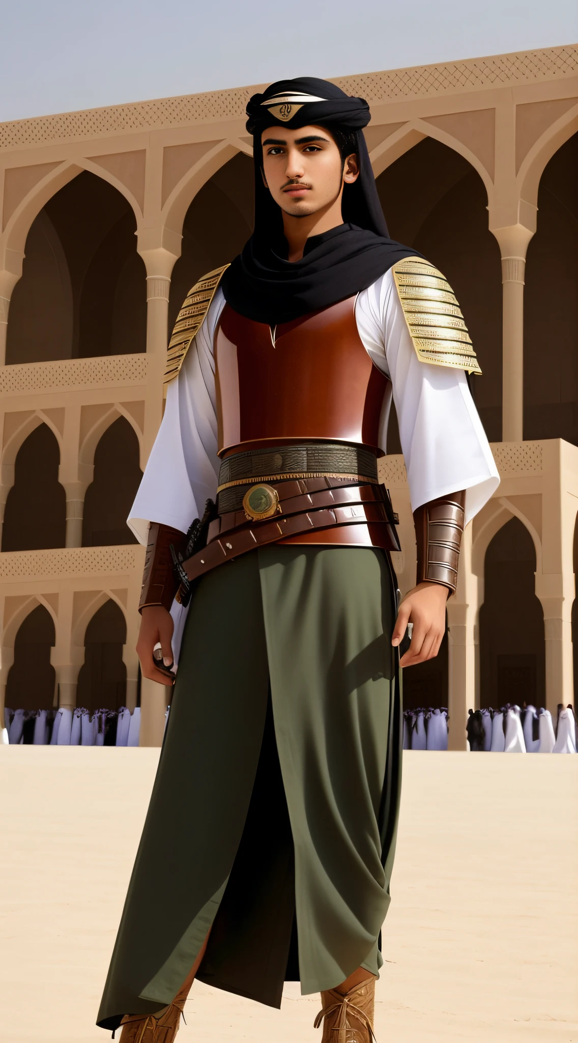 Craft an image of young Khalid bin Waleed in Mecca, showcasing his innate military prowess. His attire, though simpler than his future garb, still bears the mark of his Arabian heritage. His stance exudes youthful determination, and his facial features hint at the formidable warrior he will become, determined and resolute.