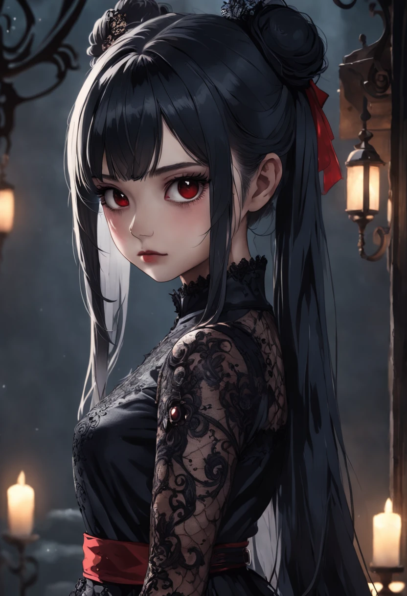 Masterpiece, Best quality, 1 girl, Solo, Natural skin texture, Realistic black eyes and facial details :5),(Dark :1. 4), Deep shadows, Extremely detailed beauty, Detailed eyes and face, sharp black eyes, Red lipstick, No black eyeliner, Detailed gothic costumes, pony tails, Black hair, nikon d850 film, Surreal, Authentic textures, Dramatic, lighting, illusory engine, (facial clarity :1). 5), (Transparent clothes :1); 1) Gothic style, Black lace, tattoo