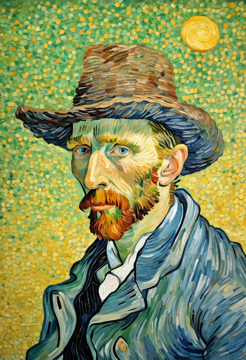 Van Gogh's self-portrait::style Pointillism style、It is made up of various large and small things、Clear dots of color、Highly detailed ::n_style Anime、Photorealsitic、Deformed、glitched、highcontrast、noisy ::seed 1000