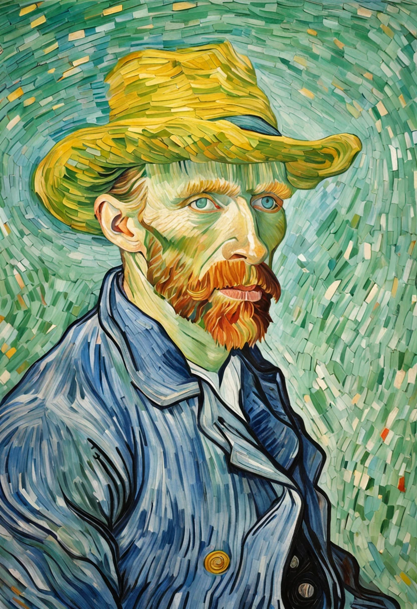 Van Gogh's self-portrait::style Pointillism style、It is made up of various large and small things、Clear dots of color、Highly detailed ::n_style Anime、Photorealsitic、Deformed、glitched、highcontrast、noisy ::seed 1000