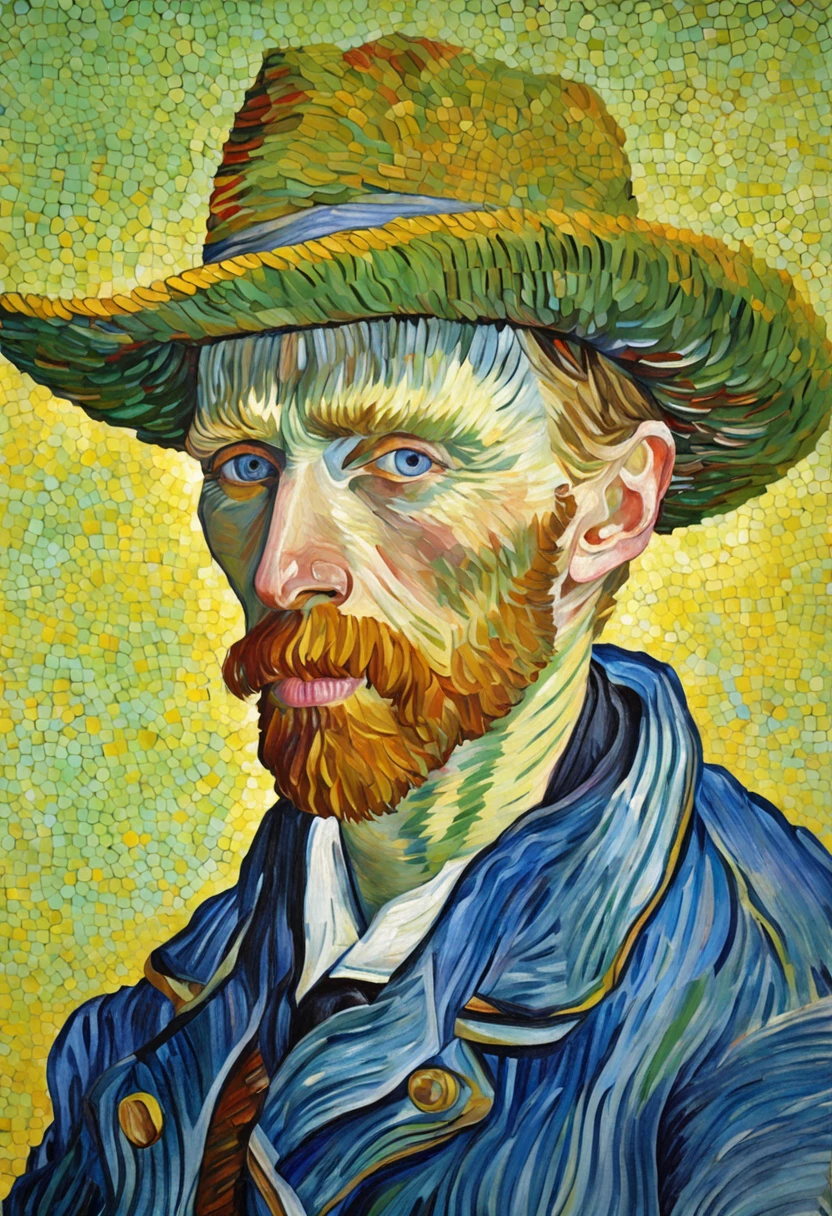 Van Gogh's self-portrait::style Pointillism style、It is made up of various large and small things、Clear dots of color、Highly detailed ::n_style Anime、Photorealsitic、Deformed、glitched、highcontrast、noisy ::seed 1000