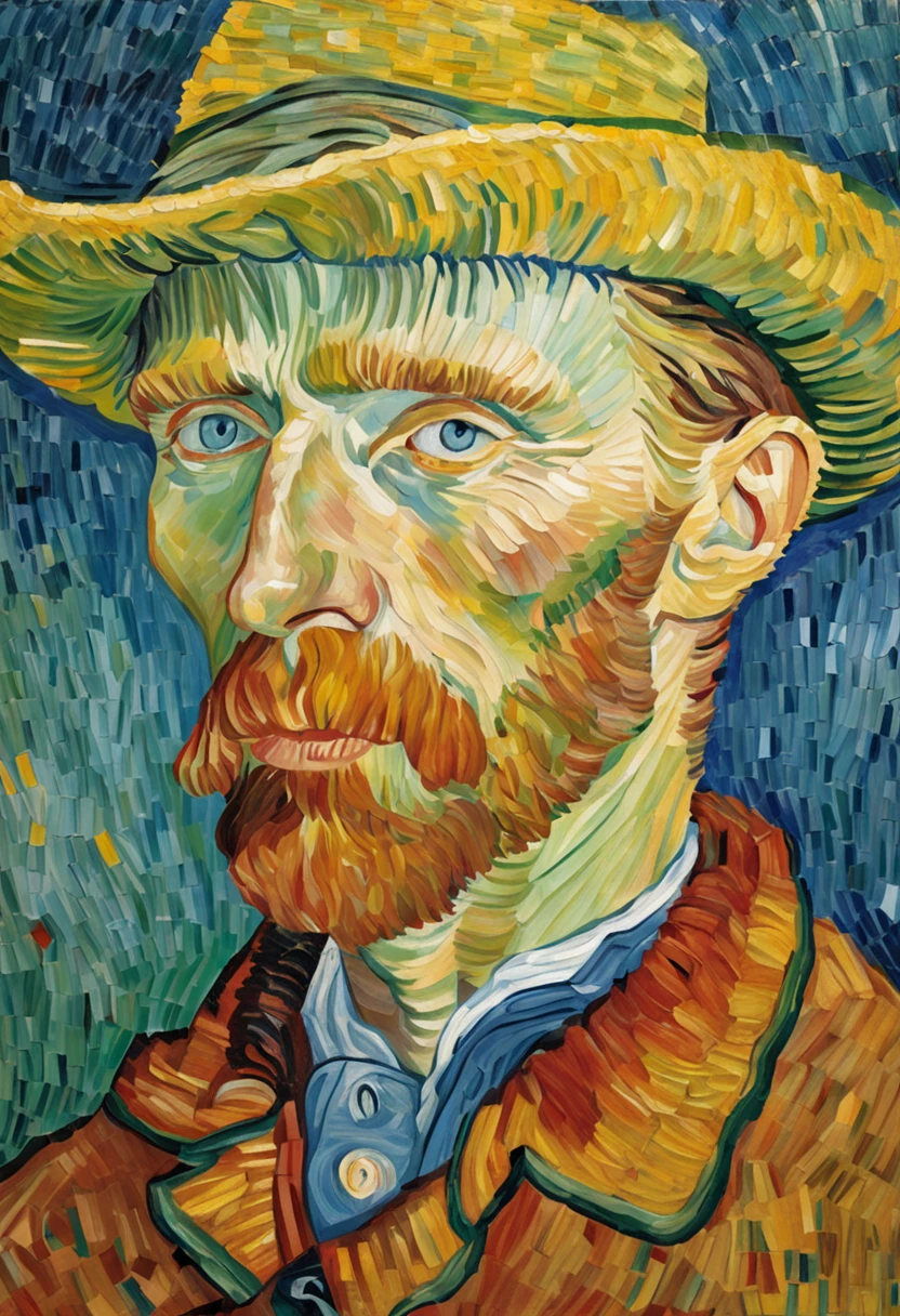 Van Gogh's self-portrait::style Pointillism style、It is made up of various large and small things、Clear dots of color、Highly detailed ::n_style Anime、Photorealsitic、Deformed、glitched、highcontrast、noisy ::seed 1000