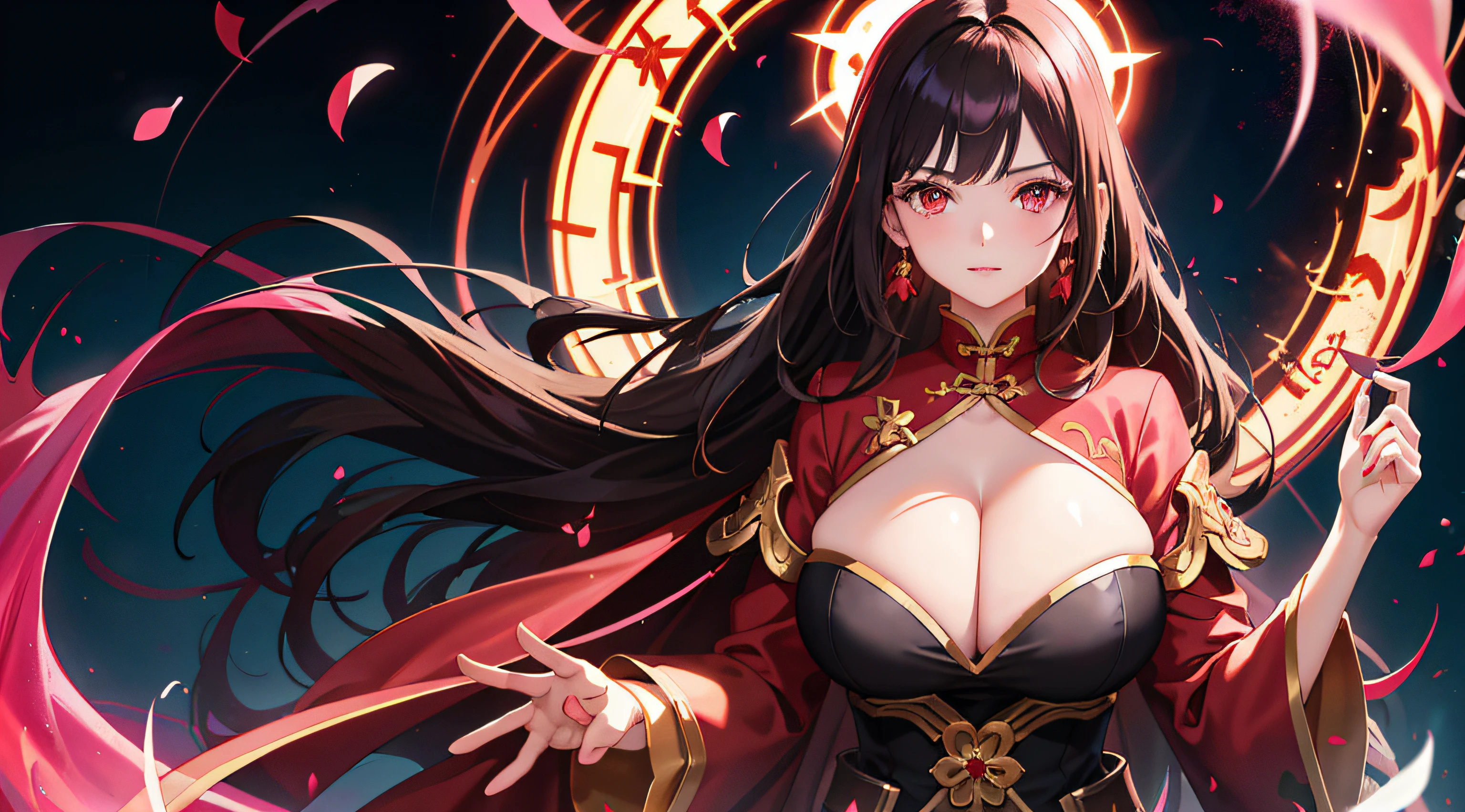 1girl,brunette color hair,red - eyed,Fire Witch,gigantic cleavage breasts,Blood,light particules,llight rays,Wallpapers,hight contrast,Dazzle,Pink petal background, Chinese long sleeve tulle python robe