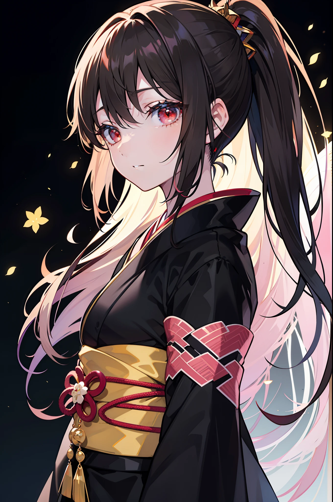 1 Anime shoujo,Head,Look at you head-on,with black background,Qi bangs,nigth,solo person,Elongated eyes,Half open your eyes,black kimono,brunette color hair,High ponytail,Seasonal hairstyles,Qi bangs,Princess cut,red - eyed