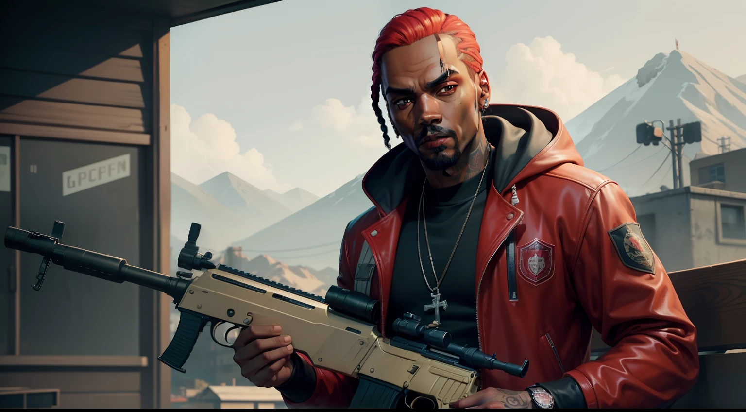 There's a man holding a gun on a wooden deck, gta personagem, Como o protagonista de GTA 5, GTA V Estilo, como um personagem de gtav, Kanye West em GTA v, drake em gta v, Estilo GTA5, gta v personagem, empunhando fuzil de assalto, Snoop Dogg em GTA V, gta 5 tom de pele, Jesse Pinkman em GTA v,  hair, jaqueta vermelha,AK-47 rifle