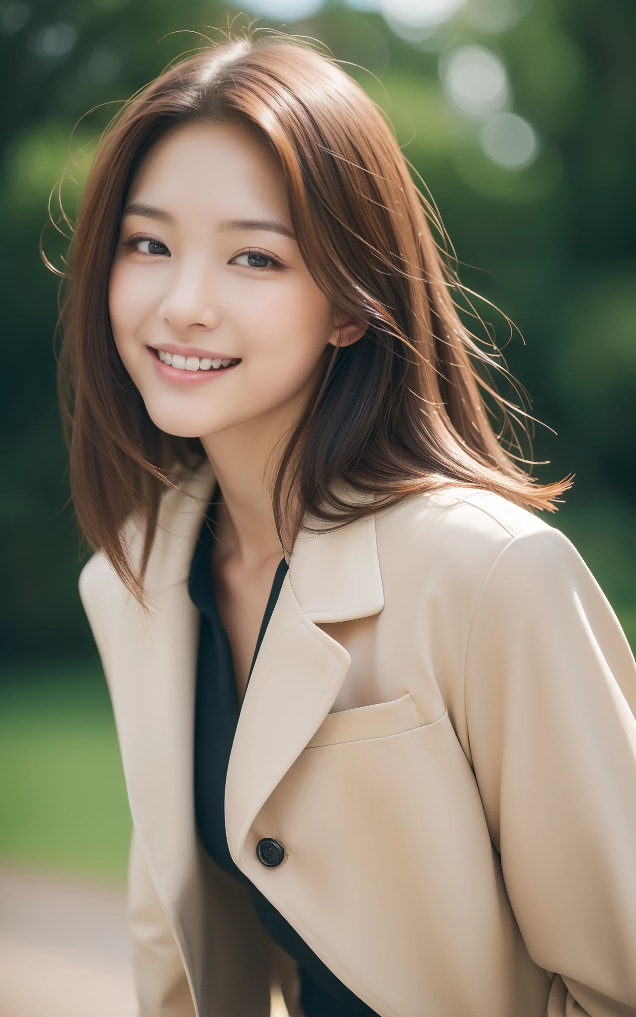 ((top-quality、8K、​masterpiece:1.3、超A high resolution))、(Clear focus:1.4)、BREAK、A Japanese Lady、a baby face、1 persons、full body Esbian、light skinned、((dark brown  hair))、Layer styles for medium hair、Break HA、(Stylish outfit with jacket or blazer:1.5、Detailed fabrics)、Break HA、bangle、boots、Break HA、Super fine face、A detailed eye、Narrow-eyed、二重まぶた、Break HA、Reddish cheeks、Detailed skin、Sweating、Lustrous skin、glowy skin、Shine skin、Shaded skin、glowy skin、Wearing makeup、Break HA、ruddy lips、Laughing、(Colossal tits:1.1)、Beautiful leg line、looking in camera、BREAK、(细致背景、细致背景、cycling:1.5)、The wind is blowing、natta、springtime、Natural lighting