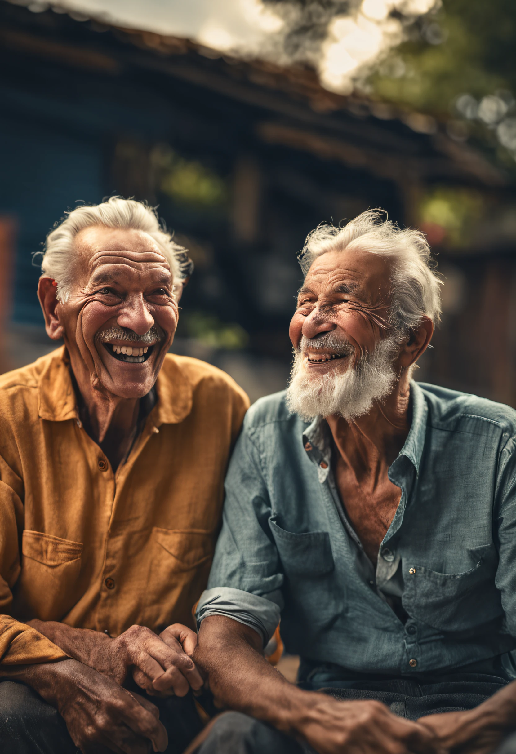 Create an image thinking as a professional photographer: in high quality, ultra HD 1,280px, with a semi-realistic style and colors perfectly centered, vibrant, and of high quality. In the photograph, a deeply joyful man around 35 years old stands with another man around 95 years old, with white hair and wrinkled skin, seated on his shoulders, legs ween the shoulders of the younger man. They are within a dazzling, colorful village. The vibrant colors are meticulously positioned to draw attention to the emotionally resonant connection betn the two subjects, against the backdrop of the picturesque village scene.