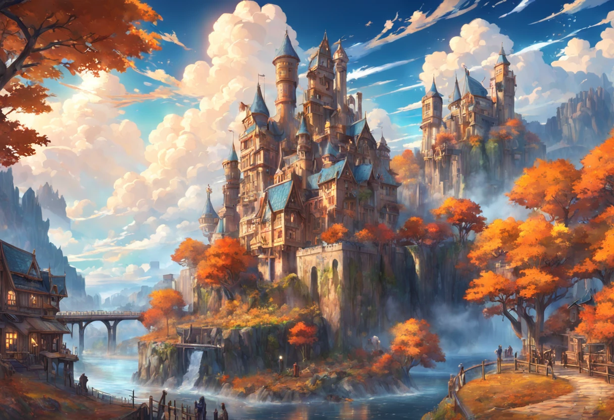 steampunk city, masterpiece, best quality, high quality, extremely detailed CG unity 8k wallpaper, medieval castles kingdom. scenery, autumn, outdoors, rainbow, sky, cloud, day, landscape, Meadow, tree, blue sky, waterfall, nature, lake, one river, cloudy sky,award winning photography, Bokeh, Depth of Field, HDR, bloom, Chromatic Aberration ,Photorealistic,extremely detailed, trending on artstation, trending on CGsociety, Intricate, High Detail, dramatic.