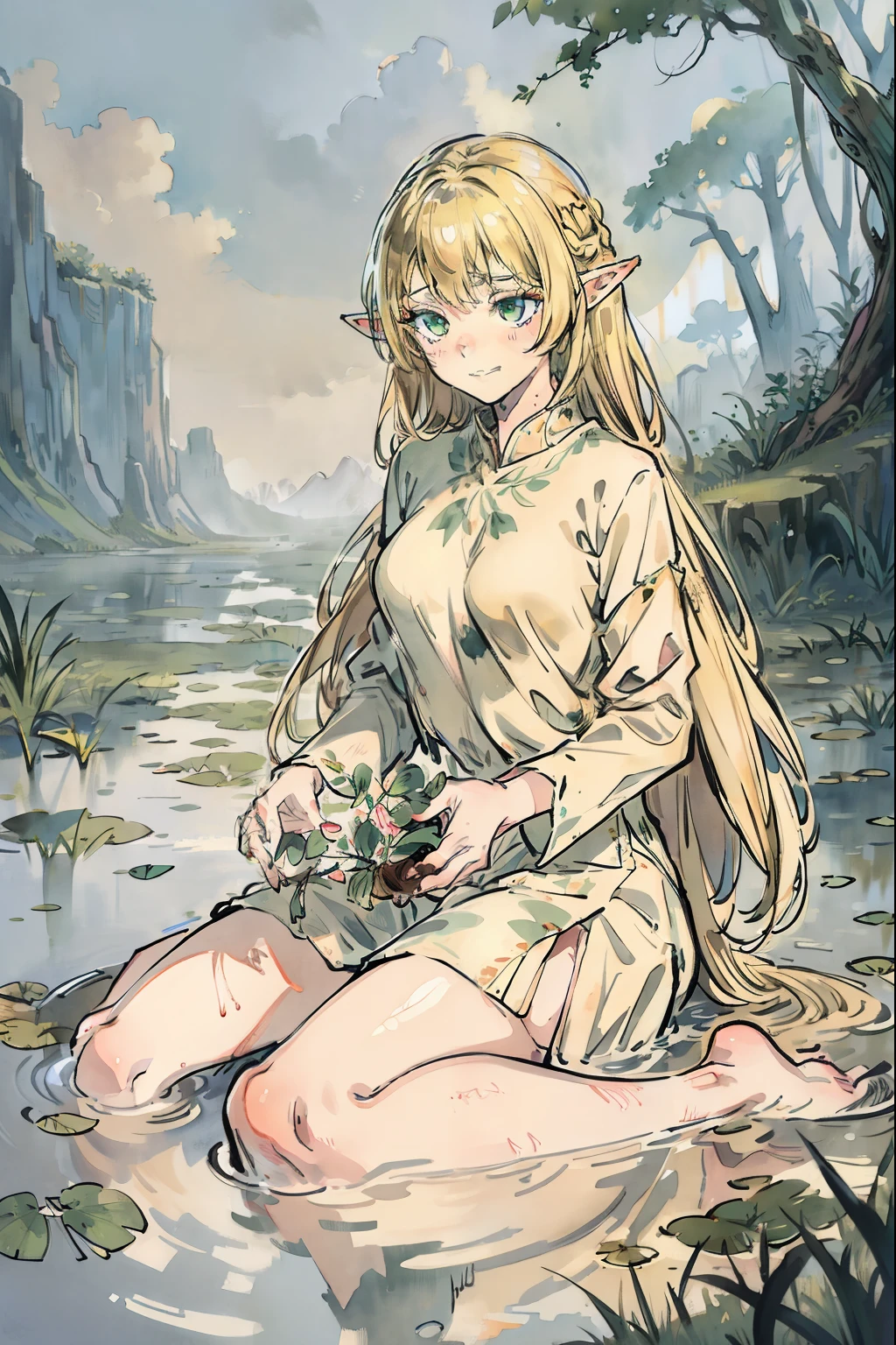 masutepiece, Best Quality, High resolution, 1girl, Full body, detail girl, detail hands, detail fingers, detail face, detail leg, 1girl, elf, looking down, ((dirty swamp)), gray sky, watercolor, pale skin, petite, blonde hair, long hair, wavy hair, sad smile, green eyes, tareme, medium breasts, white sundress, bare back, kneeling, (plant a tree)