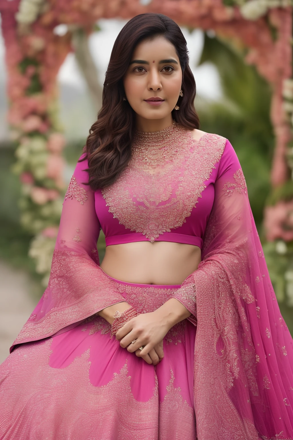 Generate a stunningly realistic 8K image featuring rashi in a mesmerizing pink gown, showcasing the intricate folds and exquisite details of the fabric through professional-grade high-resolution photography