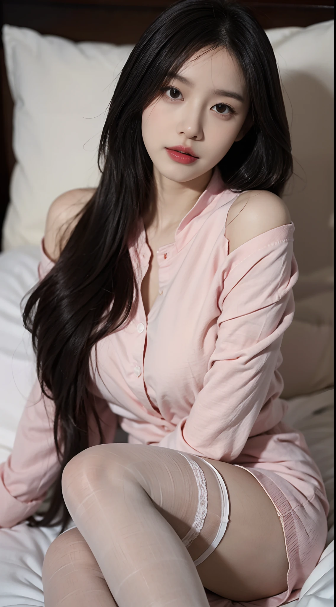 A perfect young female white-collar worker,Chinese big breasts,High picture quality,Works of masters,Black hair,Long hair shawl,Long hair flowing over the shoulders,cropped shoulders,鎖骨,exquisite face,Hydrated red lips,Pink shirt,Banzoe bartic(show legs),Black and white plaid skirt,Wearing a JK uniform,Hosiery,white stockings,onbed,Sleeping woman,Real Human,,CG rendering,16k,Lie down in bed,Empty interior,Do not show your hands,Close-up shot