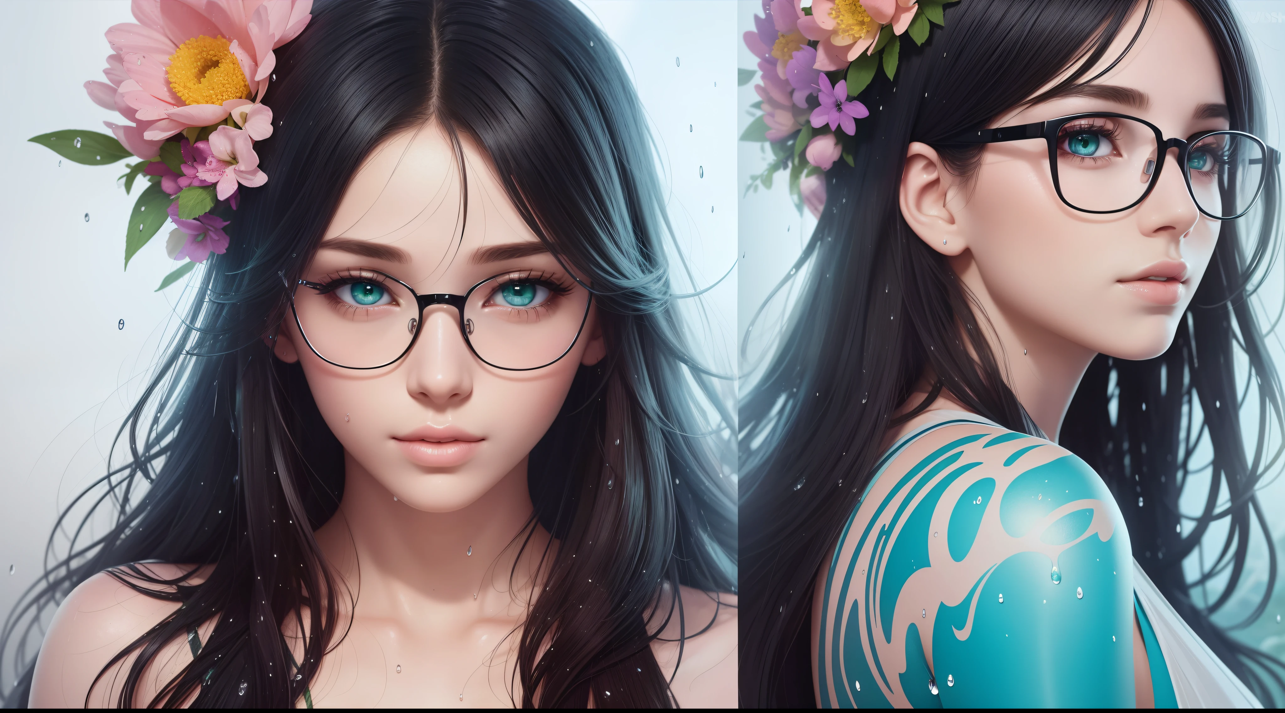 Realistic, full-body portrait of a young woman, 20 years old. perfect body, realistic perfect body composition, wet body in the rain, waterfall scene. realistic beautiful green eyes, cool face, fair skin, good looking, tattoo art, sexy sexy liquid acrylic outfit, glasses, warm dreamy light, volumetric light, powder adventure style paper, dynamic gradients, vivid colors, illustrations, highly detailed vector curves, simple, smooth and clean, vector art, smooth, character design, cinematic, Surrealism, posters, masterpiece collection, lush vivid colors, sunsets, wet gouache. High image quality, meticulous detail, perfect realistic work