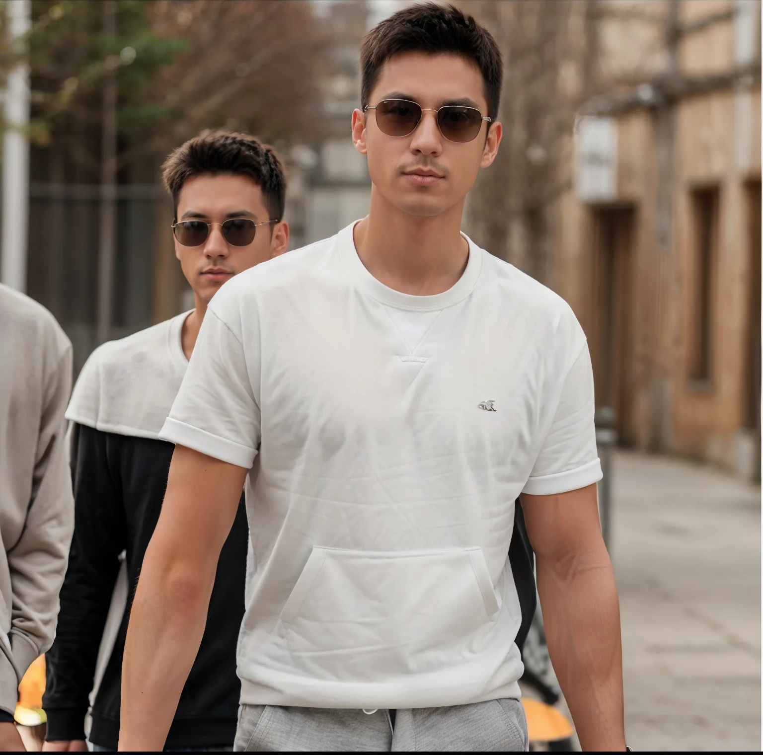 An Arapei man in a white sweatshirt and sunglasses walks down the street, 2 0 2 3 Fashionable, Wear a light sweatshirt, casual modern clothing, Wearing a white sweatshirt, fall season, With sunglasses, Wear a sweatshirt, calvin klein, Wearing a polo shirt, lifestyle, casual clothing style, Wear a loose sweatshirt, Autumn, Wear a cotton sweatshirt, Casual clothing