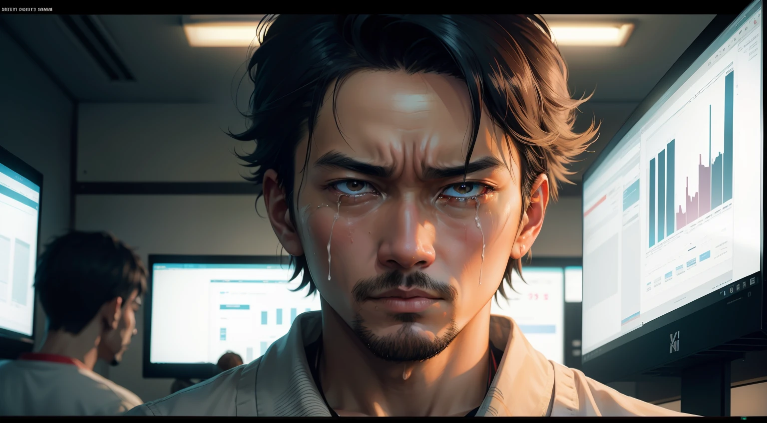 (Digital Painting)、(top-quality)、Man crying in front of a monitor、One Man Goes Crazy、The monitor only shows exchange rate charts、There is a monitor and a man in the room、People with Japan々break down crying、One brown-skinned beauty、FX、exchange、Ukiyo-e Art Style、Hokusai's inspiration、Popular deviant art、8K Ultra Real、Pastel Color Schemes、Soft lighting、hopelessness