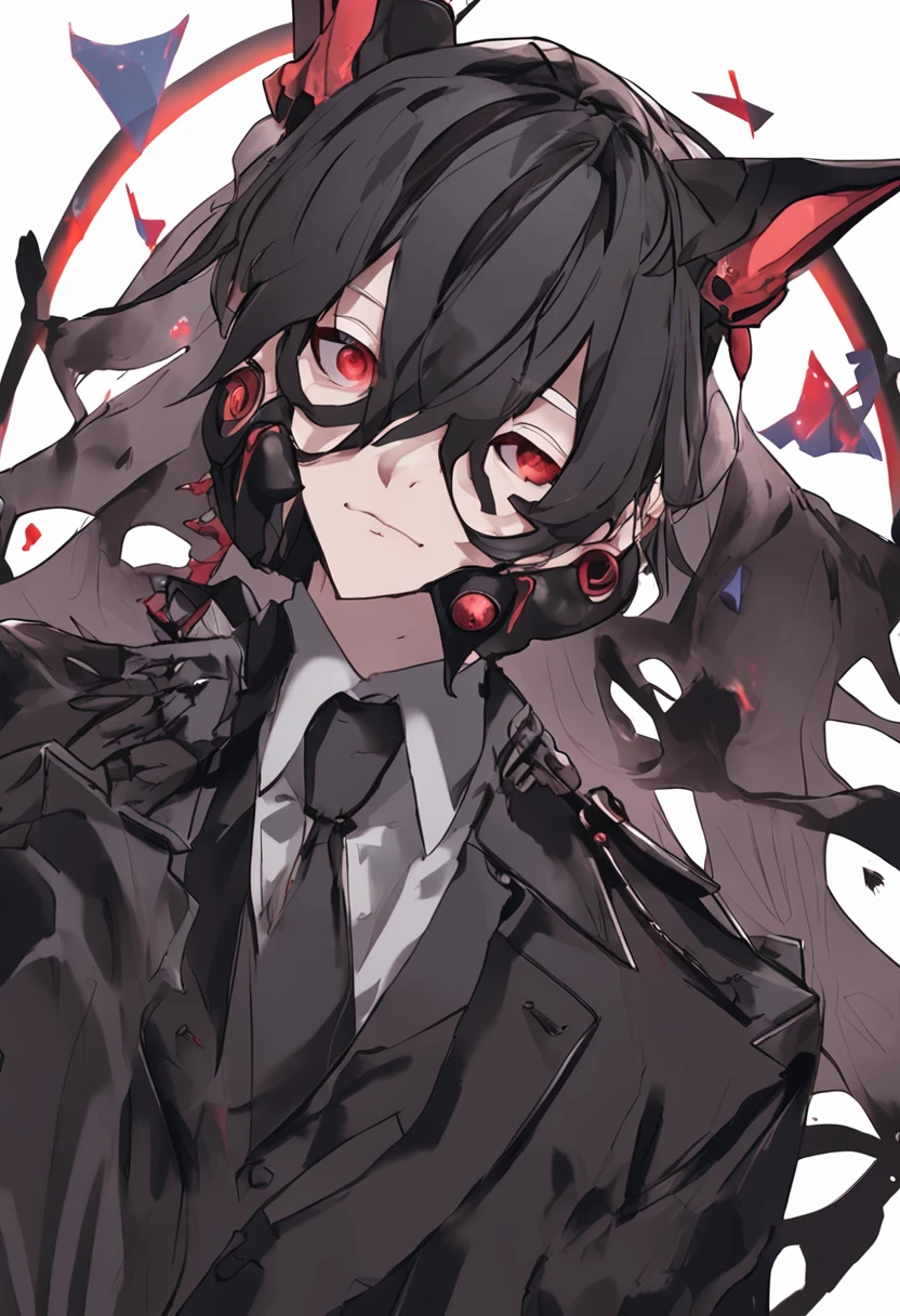 a boy, 20 years old, Dark clothing, with a party mask in hand, gradient hair, ahoge, asymmetrical hair, bangs, black hair, hair behind ear, hair between eyes, sidelocks, hair spread out, hair strand, antenna hair, demon horns, forehead protector, mask removed, gradient eyes, happy tears, devil pupils, devil eyes, evil smile, light smile, fangs, grin, fang out, fang, skin fang, tachi-e, cowboy shot, from side, retina, textured skin, anatomically correct, anatomically correct