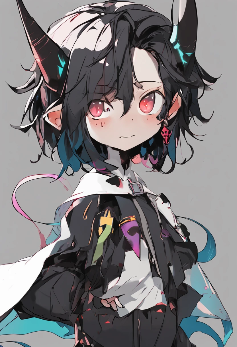 a boy, 20 years old, Dark clothing, with a party mask in hand, gradient hair, ahoge, asymmetrical hair, bangs, black hair, hair behind ear, hair between eyes, sidelocks, hair spread out, hair strand, antenna hair, demon horns, forehead protector, mask removed, gradient eyes, happy tears, devil pupils, devil eyes, evil smile, light smile, fangs, grin, fang out, fang, skin fang, tachi-e, cowboy shot, from side, retina, textured skin, anatomically correct, anatomically correct