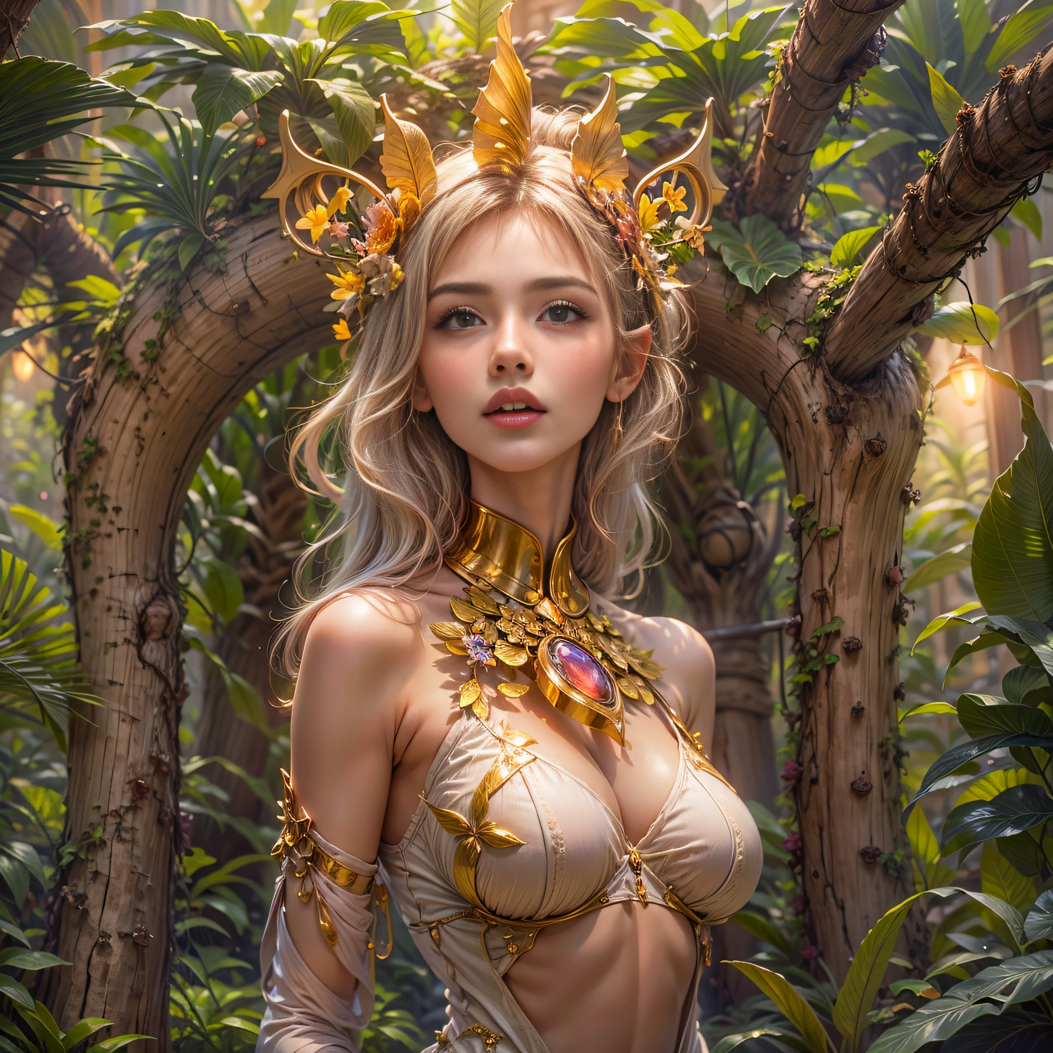 1 beautiful girl, Super beautiful detailed face, (Beautiful breasts:1.3), (Slender body:1.2), Beautiful Goddess Advent, pubick hair, cameltoe details, Beautiful background, Golden ratio, conceptual art, Super Detail, ccurate, high details, Anatomically correct, Outdoors, Beautiful jungle, (Giant Castle:1.3), cutting edge, Sexy Art, Open your legs, Beautiful girl illuminated by 7 pastel lights, Surrounded by beautiful sunsets, dazzling lights, Super delicate illustration details,