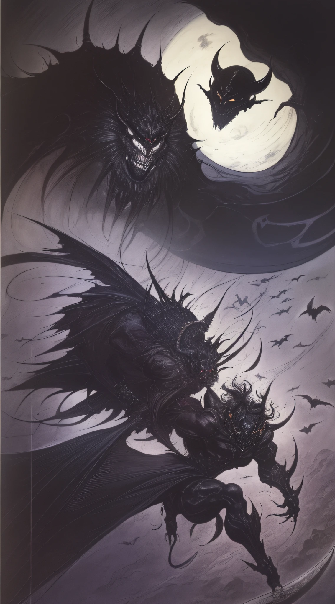 Devil 1、(((Black giant)))、White background、accessorized、line-drawing、pale color、Black Armor、Iron Mask、Fantastical、Alfonse Mucha、de pele branca、Cladding、Rough sketch、coarser line、Painterly、Lively poses、Crow's feathers、Delicate touch、fine lines、Equivocal faces、Sky City、Pencil drawing、the blue moon、Castle on the Moon、white of the eye、Clenching teeth、wriggling the body、fullface、Black Great Sword、Fight dragons、A flock of snakes、the bats、Black Lion