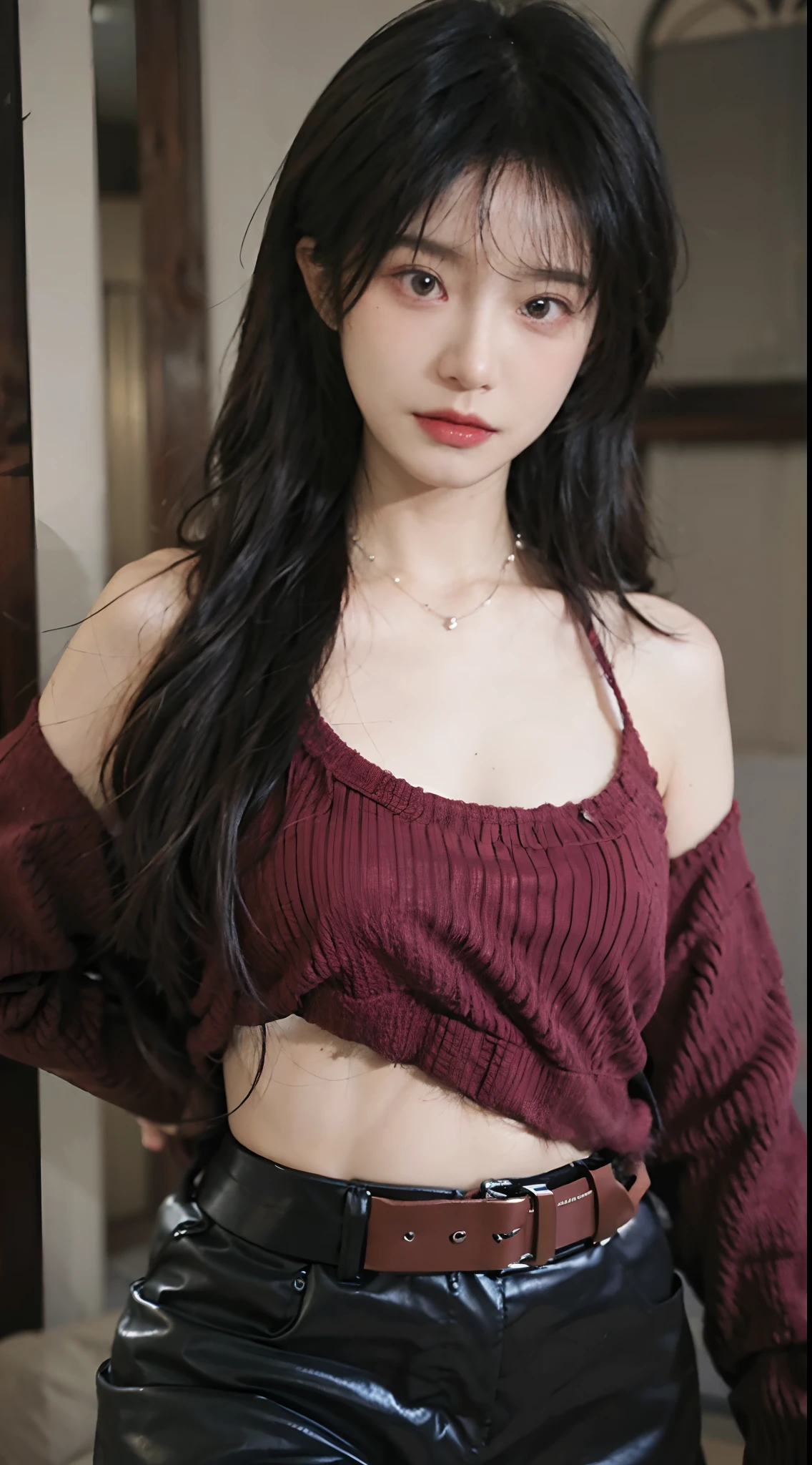 best qualtiy, 超高分辨率, (realisticlying:1.4),Baoyu Girl,lipsticks,1girll, ,Cropped red sweater,a sense of atmosphere,Beautiful woman with a slim figure:1.4, Abs:1.1, 浴室,Ultra-fine face,Leather clothes,Elaborate Eyes,二重まぶた,choker necklace
